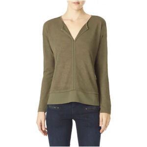 Sanctuary Hanna Split Neck Blouse S Small Olive Woven Panels Slouchy Shirt *READ